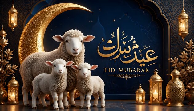 Eid ul adha qurbani mubarak with sheep and lambs, sacrifice
