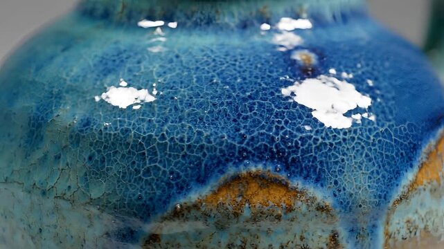 Closeup Macro Shot of Blue Ceramic Glaze Texture with Crazing.