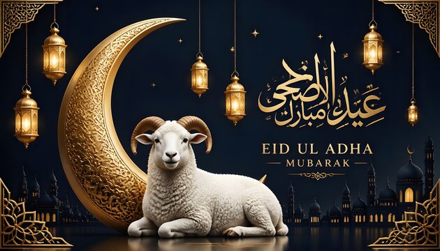 Eid ul adha mubarak celebration with ram golden moon
