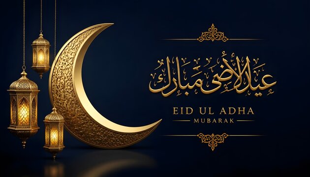 Eid ul adha mubarak with golden crescent moon and lanterns