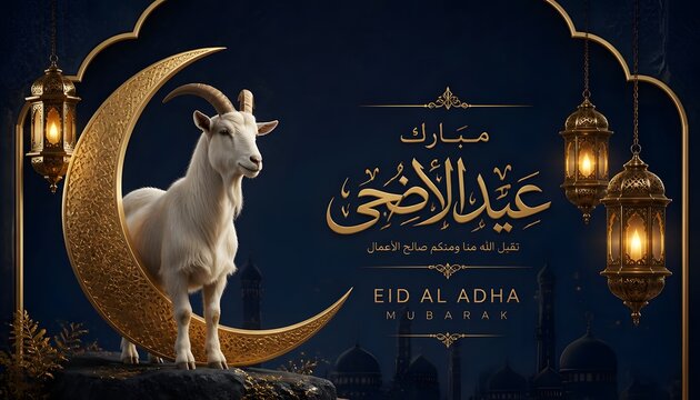 Eid al-adha mubarak celebration with goat golden moon