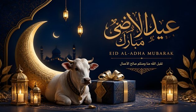 Eid al-adha mubarak with cow, golden crescent moon and gift