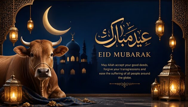 Eid mubarak greeting with brown cow crescent moon lanterns