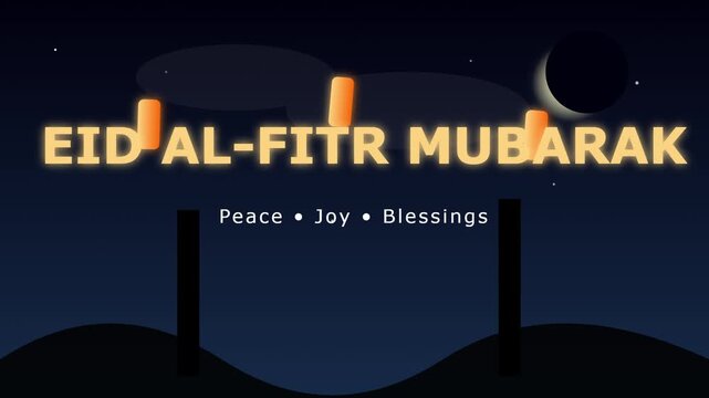 Eid Al-Fitr Mubarak Celebration Night with Moon and Hills