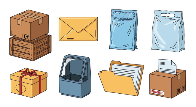 Shipping and Logistics Hand Drawn Vector Icon Set with Fragile Box