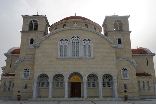 Front entrance and ornate exterior of the historic Apostle Barnabas Cathedral (Church of St. Barnabas and St. Makarios) with its landmark cupola in Nikosia, Cyprus