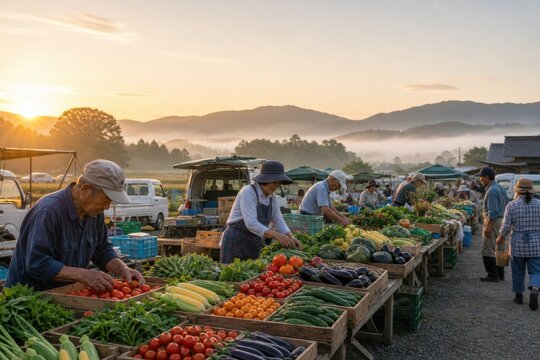 朝の農村で夏野菜を販売するにぎやかな直売市場