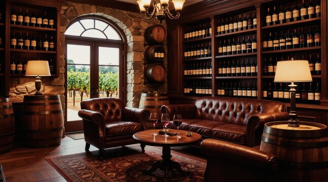 Luxurious wine cellar with leather sofas, tasting table and many wine bottles on shelves. Wooden barrels and vineyard view visible. Cozy interior design for wine lovers.