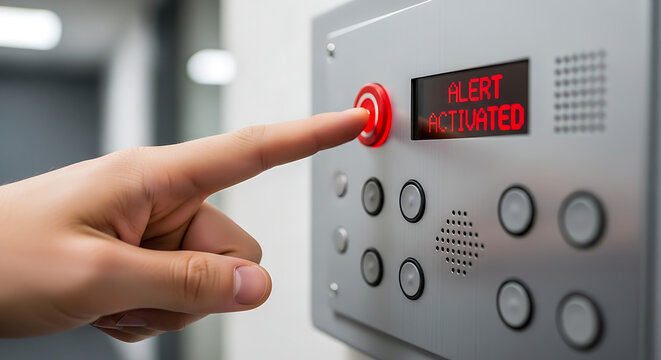 Security system activation finger pressing red button with alert displayed