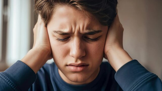Close-up of an adolescent boy covering his ears with his hands. Teenager grimacing in distress from loud noise or sensory overload. Stress and anxiety concept