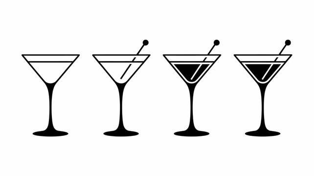 Four martini glasses with different liquid levels and stirrers illustration