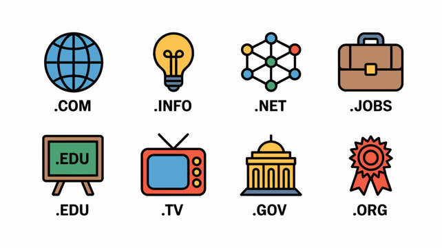 Colorful icons representing common domain extensions like com, org, net, edu, gov, jobs, info, and tv