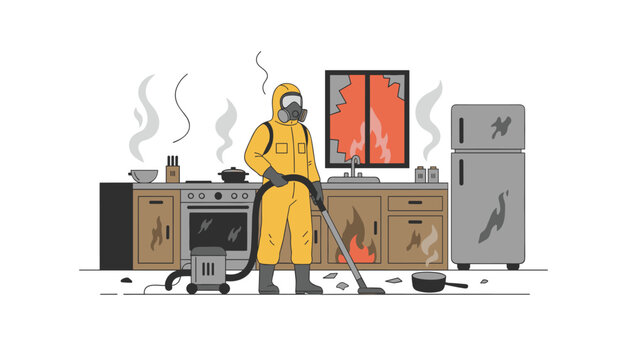 A person wearing a yellow hazmat suit and gas mask uses a vacuum to clean a fire-damaged kitchen with smoke and debris on the floor.