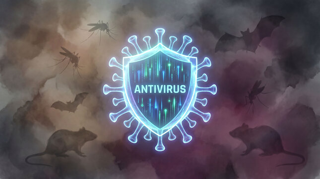 A glowing blue antivirus shield in the shape of a virus cell protects against disease vectors like rats, bats, and mosquitoes in a dark, smoky atmosphere, symbolizing health safety and prevention