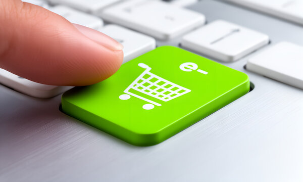 Close up of a finger pressing a green online shopping cart button on keyboard