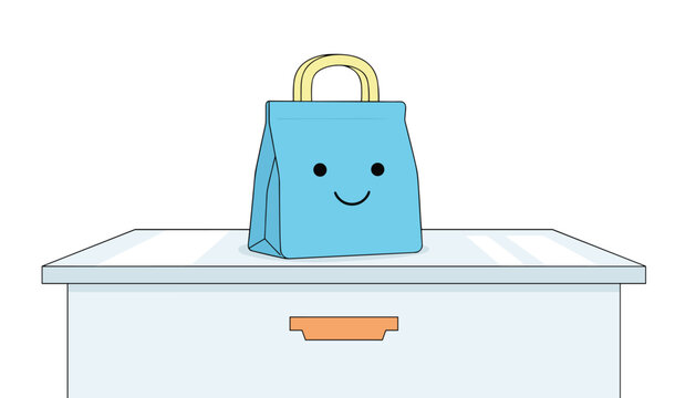 A blue shopping bag with a smiley face sits on a white counter with an orange drawer handle in a retail or commercial setting.