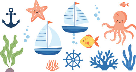Cute Nautical and Under the Sea Icon Set with Sailing Boats, Friendly Octopus, Starfish, Anchors, Coral Reefs, Seaweed, and Fish for Nursery Decor © Kirtan