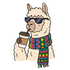 Naklejka premium Cool Hipster Llama Wearing Scarf and Drinking Coffee