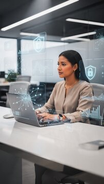 Professional Woman Analyzing Cybersecurity Data with Holographic Interface in Modern Office