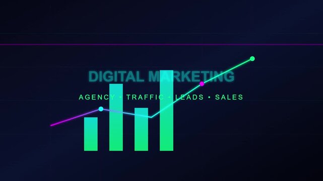 Digital marketing growth graph with rising sales arrow, business data analytics bar chart, agency traffic and leads performance visualization