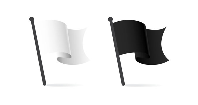Black and white flags waving on transparent background with shadow effect. Vector illustration. 