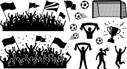 Detailed vector graphic illustration featuring enthusiastic soccer fans cheering with flags alongside various sports equipment like balls and trophy cups © Firdaus