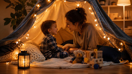 Fototapeta premium Playful young mother and little boy sitting inside cozy blanket fort with fairy lights enjoying happy parents day and mothers day evening bonding together indoors