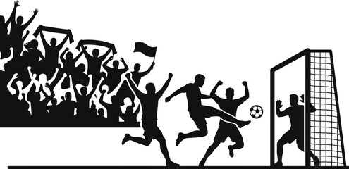Dynamic vector illustration of professional soccer players scoring a goal while excited fans cheer loudly from the stadium stands behind © Firdaus