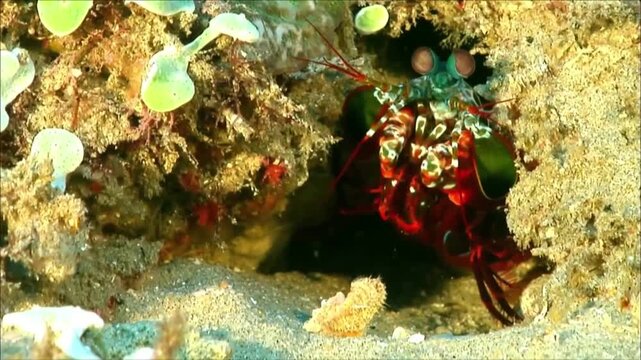Macro View of Peacock Mantis Shrimp Face and Club Smashers, Marine Biology, Slow Motion