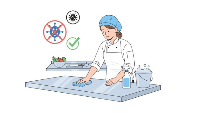 A professional female chef in a white uniform and blue hat sanitizes a kitchen counter while hygiene icons appear above.