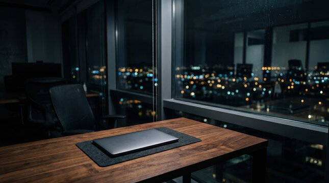 Modern office desk with laptop overlooking city lights at night