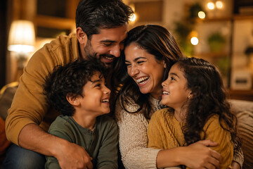 Fototapeta premium Beautiful smiling family bonding closely hugging on comfortable couch in warm evening light sharing happiness for happy parents day and fathers day celebration at home