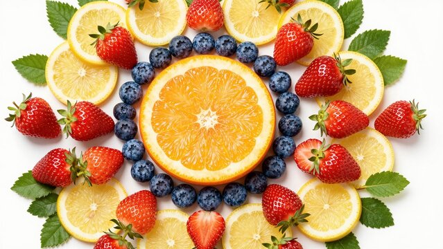 A colorful arrangement of fresh fruits including oranges, lemons, strawberries, and blueberries in a circular pattern on white background.