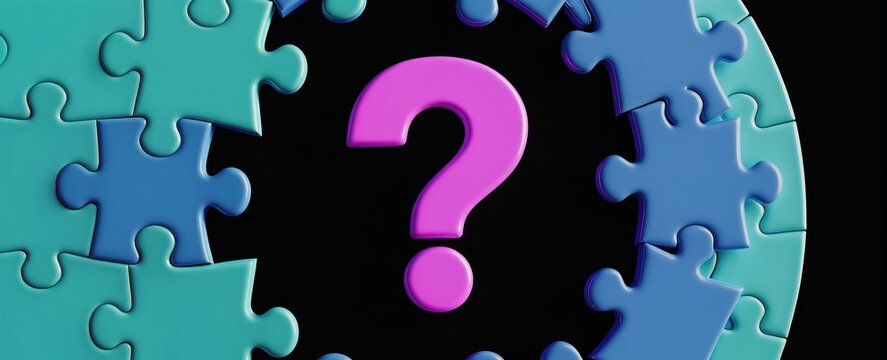 Pink question mark symbol on incomplete jigsaw puzzle. Blue and teal pieces form a circle around central query. Symbolizes uncertainty, problems, and seeking answers or solutions.