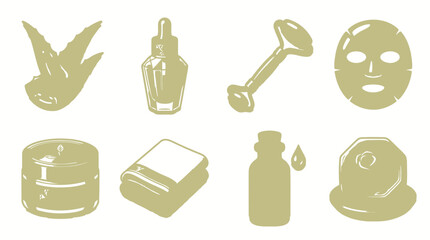 Skincare and beauty routine elements illustration: aloe vera, serum, jade roller, mask, cream, towel, oil, soap. © Tah