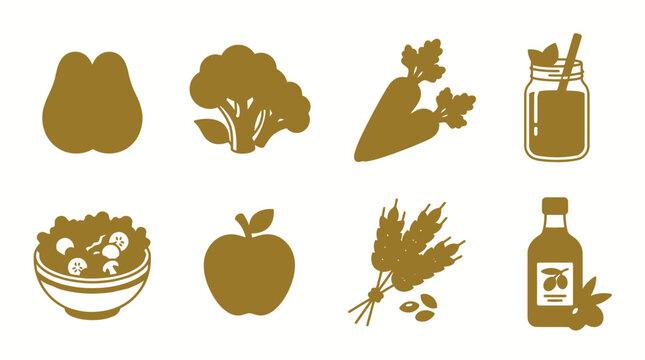 Healthy vegetarian food icons with broccoli carrots smoothie salad apple and olive oil set.