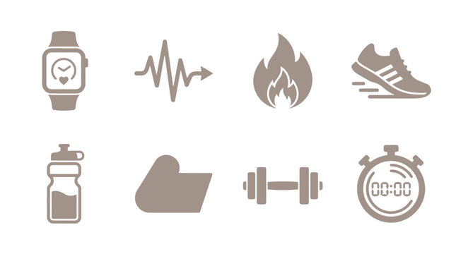 Fitness and gym exercise elements illustration: smartwatch, heart rate, flame, running shoe, water bottle, mat, dumbbell, timer.
