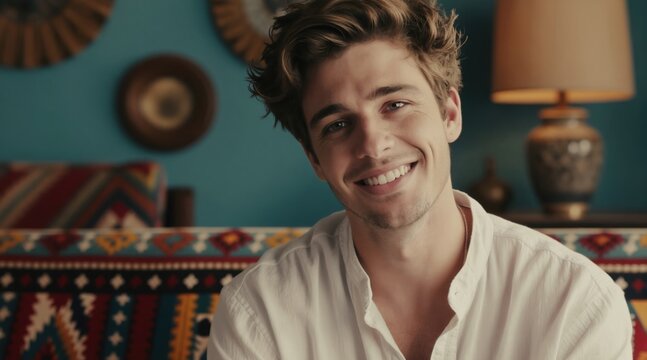 Young man with blue eyes smiles in a vibrant room. He has tousled brown hair and wears a white unbuttoned shirt. He sits casually in a bohemian style interior near a patterned sofa.