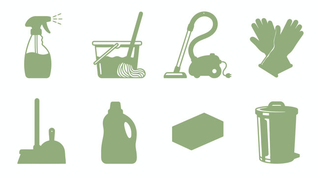 Green household cleaning tool silhouettes including spray mop vacuum gloves and trash bin.