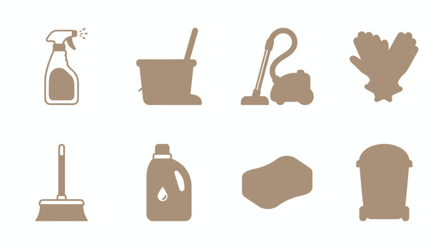 Brown monochrome cleaning service icons featuring vacuum spray bottle mop bucket and sponge.