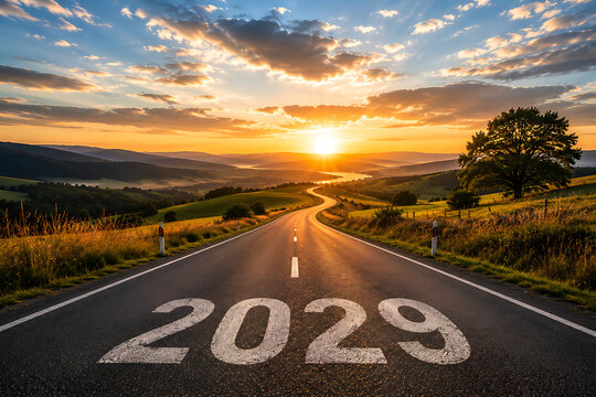 Scenic countryside highway with large 2029 road marking under golden sunrise representing future ambitions and inspirational travel destination concept