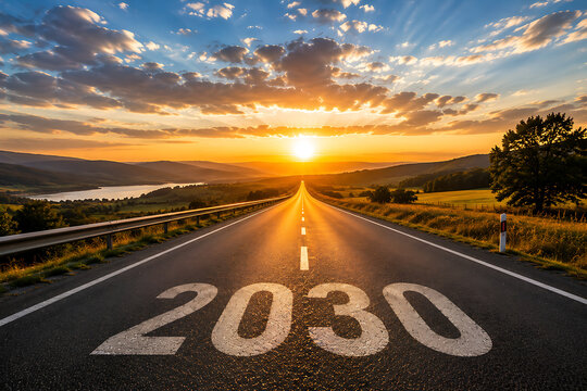 Scenic highway road toward bright sunrise with 2030 vision concept symbolizing future goals motivation and long term success journey