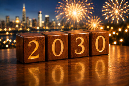 Glowing 2030 numbers with festive fireworks celebration background symbolizing future success innovation and new year business vision goals