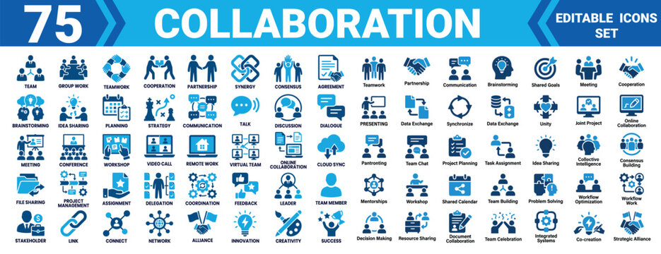 Collaboration icon set 75 editable vector illustrations for teamwork and partnership