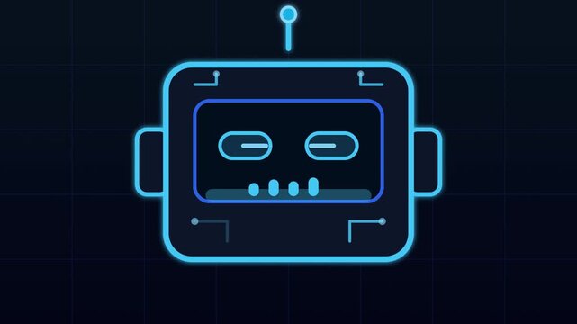 A futuristic robot face glows with blue lines on a dark background with technological details.