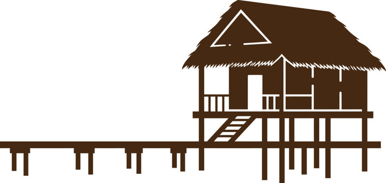 Brown silhouette of stilt house with thatched roof on wooden pier over water.