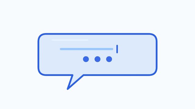 A digital illustration shows a blue speech bubble with lines and dots on a white background.