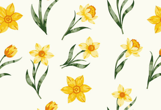 Seamless Watercolor Daffodil and Tulip Pattern with Green Leaves on Cream Background
