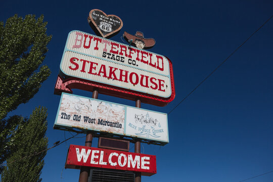 Closed Butterfield Steakhouse along old Route 66 in Holbrook, Arizona, 2020
