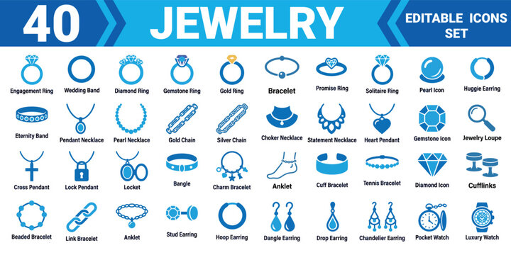 Solid jewelry icon set editable vector illustration mega pack of 40 jewelry icons